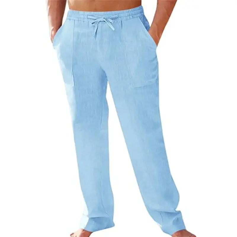 2025 spring new men's linen casual elastic waist solid color loose straight drawstring breathable fashion trousers