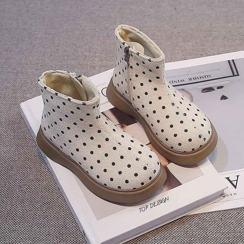 Kids'Boots Polka Dot PU Leather Fashion Winter Flat Shoes For Children Anti-slip Warm Thick Bottom Black White Shoes Size 24-35