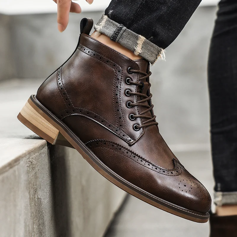 Brogue Casual men's boots Classic and fashionable British style Party Office Outdoor autumn and winter quality leather shoes