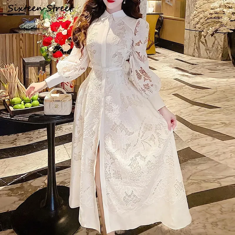 White Embroidery Lace Dress Women  Elegant Long Sleeve Vestido Party Autumn Hook Flower Hollow Vintage Woman Clothing Spring