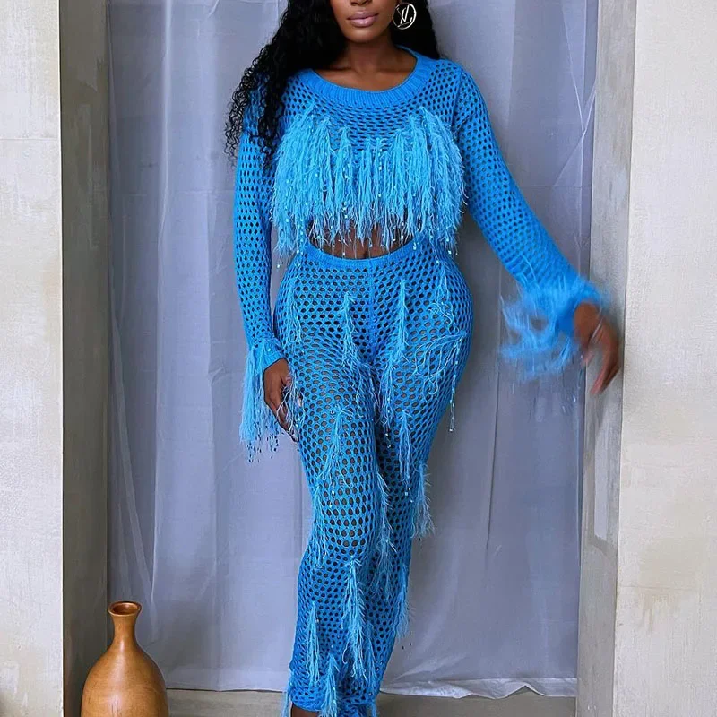 Tassel Crochet Knitted Romper for Women Jumpsuits 2024 Long Sleeve Beach Cover Ups Hollow Out Sheer One Piece Vacation Outfits