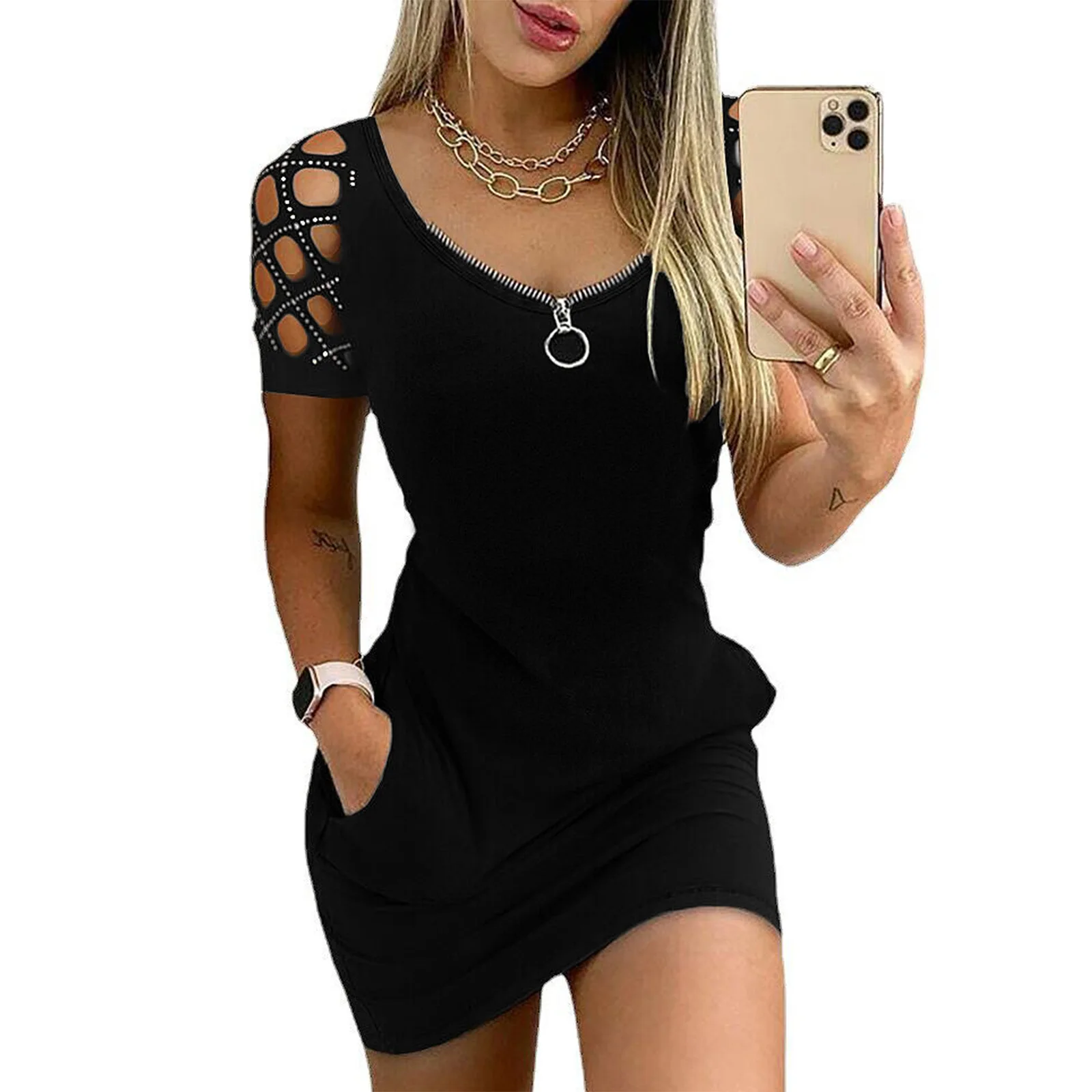 Dress for Woman 2023 Women's New Short Sleeve Hollow Diamond Pocket Sexy Slim Dress