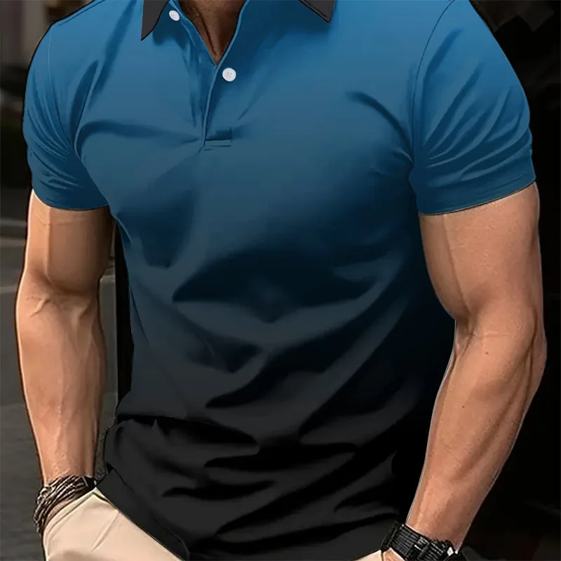 

Men's Gradient Blue and Black Casual Comfortable Short Sleeved Polo Shirt Suitable for Business and Family Use