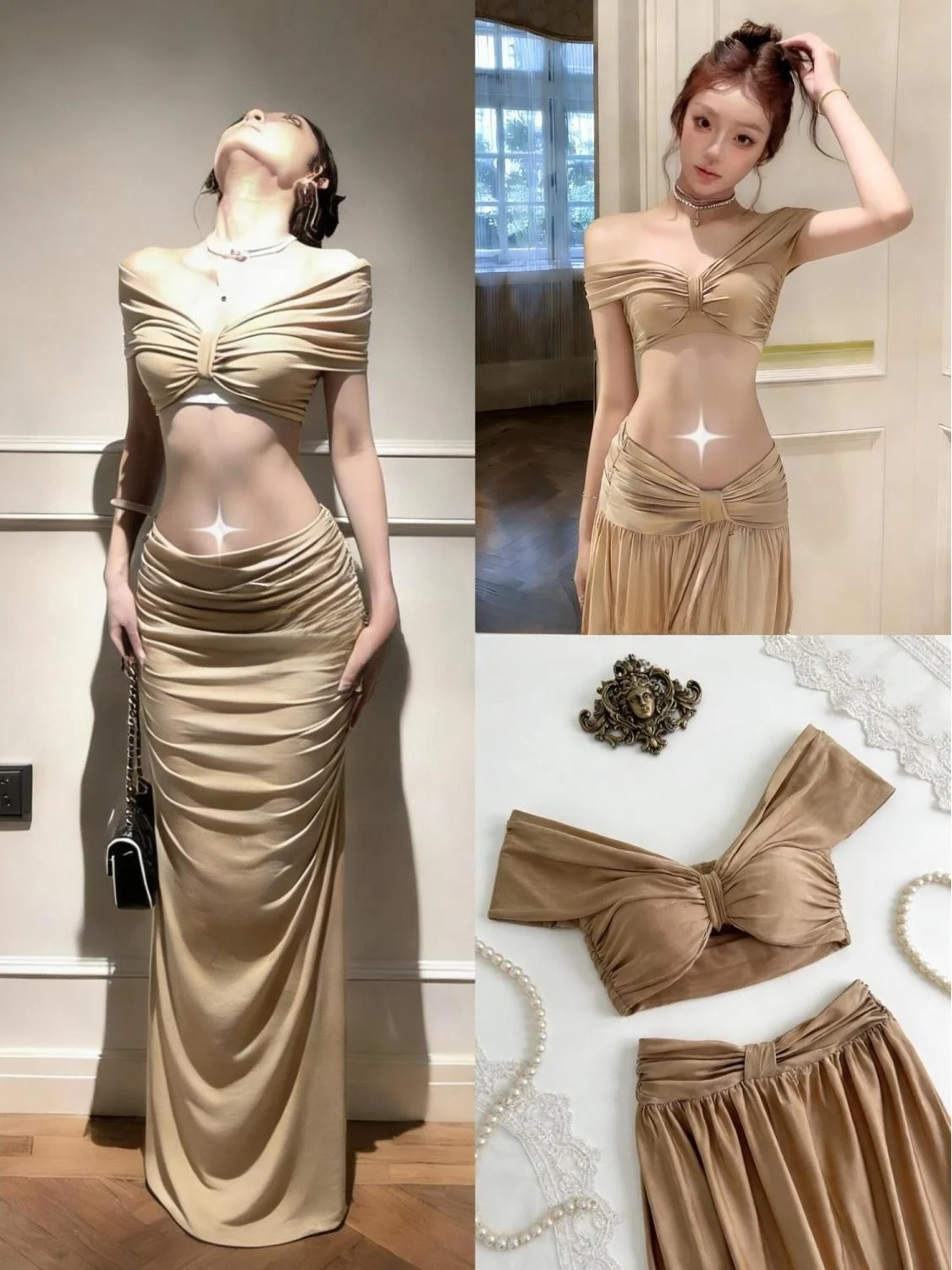

Champagne Gold Slimming One-oulder Long Dr Tee-Piece Set Holiday Sle Warm Spring Sexy Summer Swimwear Bikini