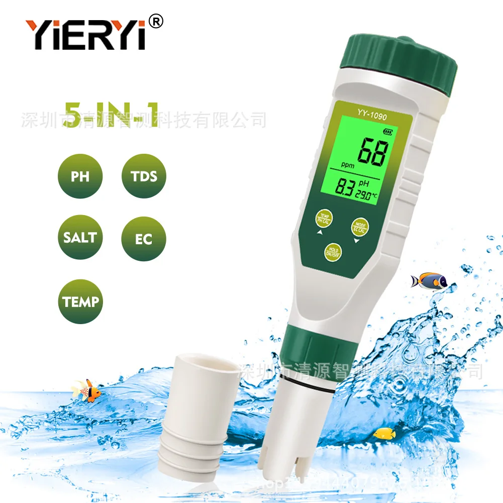 For YY-1090 One-screen multi-display 5 in 1 water quality detector PH meter Seawater fish tank salinity meter TDS pen EC tester