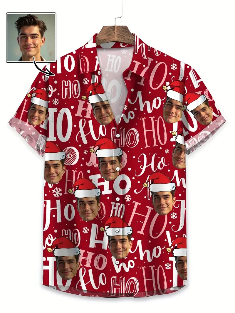 

Funny Unisex Hawaiian Custom Christmas Face 3D Photo Print Button Diy Photo Shirt Short Sleeve Designer Shirts Clothes Xmas Gift