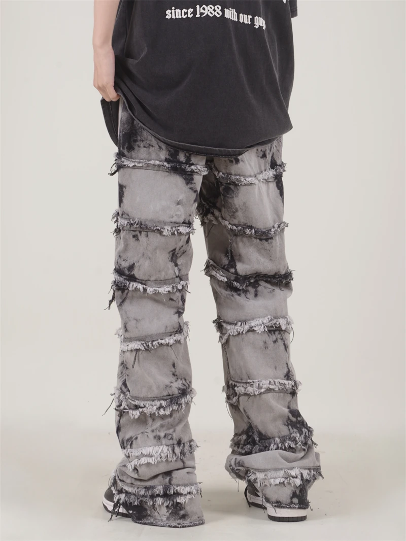 Pantalones vaqueros holgados rectos deshilachados con borlas a rayas para hombre y mujer, ropa de calle informal, estilo Hip Hop, Tie-dye negro,