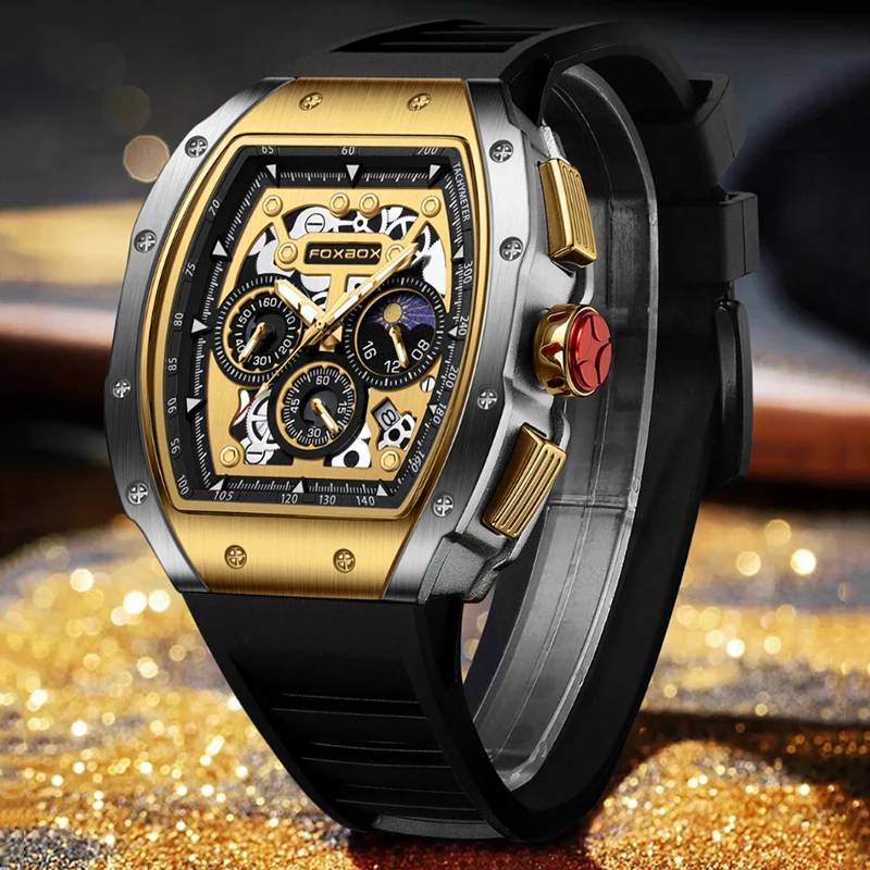 

Мужские часы FOXBOX, новые оригинальные роскошные квадратные часы-хронограф, мужские повседневные светящиеся водонепроницаемые кварцевые часы с силиконовым ремешком для мужчин