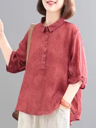 Women Summer Casual Shirt New Arrival 2023 Vintage Style Turn-down Collar Loose Female Half Sleeve Cotton Tops Shirts B2884