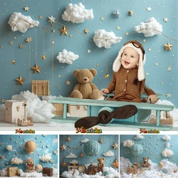 Pilot Boy Baby Show Party Background Sparkling Stars Cloud Teddy Bear Hot Air Balloon Backdrop Decor Newborn Studio Photo Booth