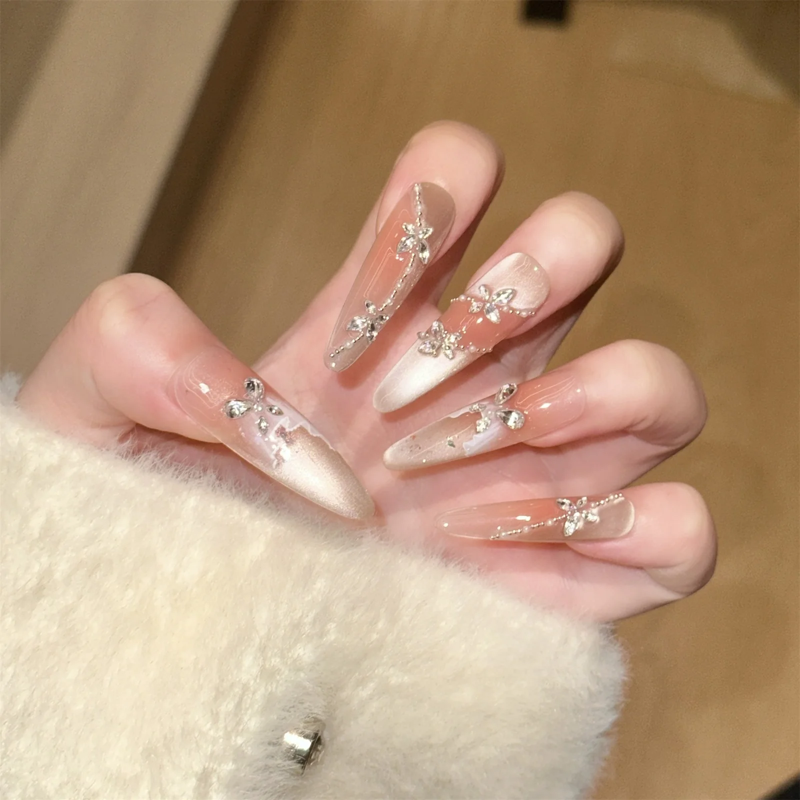 10 Stück künstliche Nägel, Katzenauge, Strass, Glitzer, zum Aufdrücken der Nägel, Schmetterlingsflügelspitzen, lange künstliche Nägel für Frauen, Maniküre, DIY