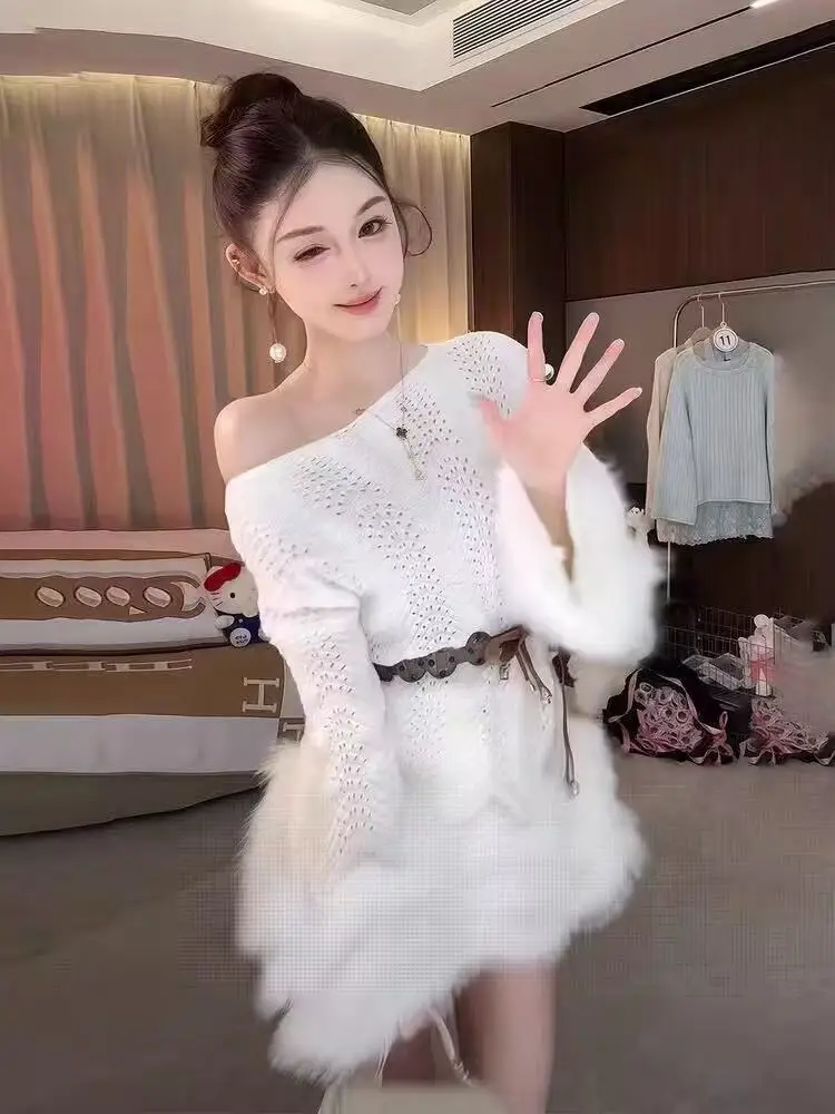 

Ele Splice Knitted Top Women's Hollow out Waist-Cinching Design Sexy oulder Bared Polyester Fiber Long Sve Sweater