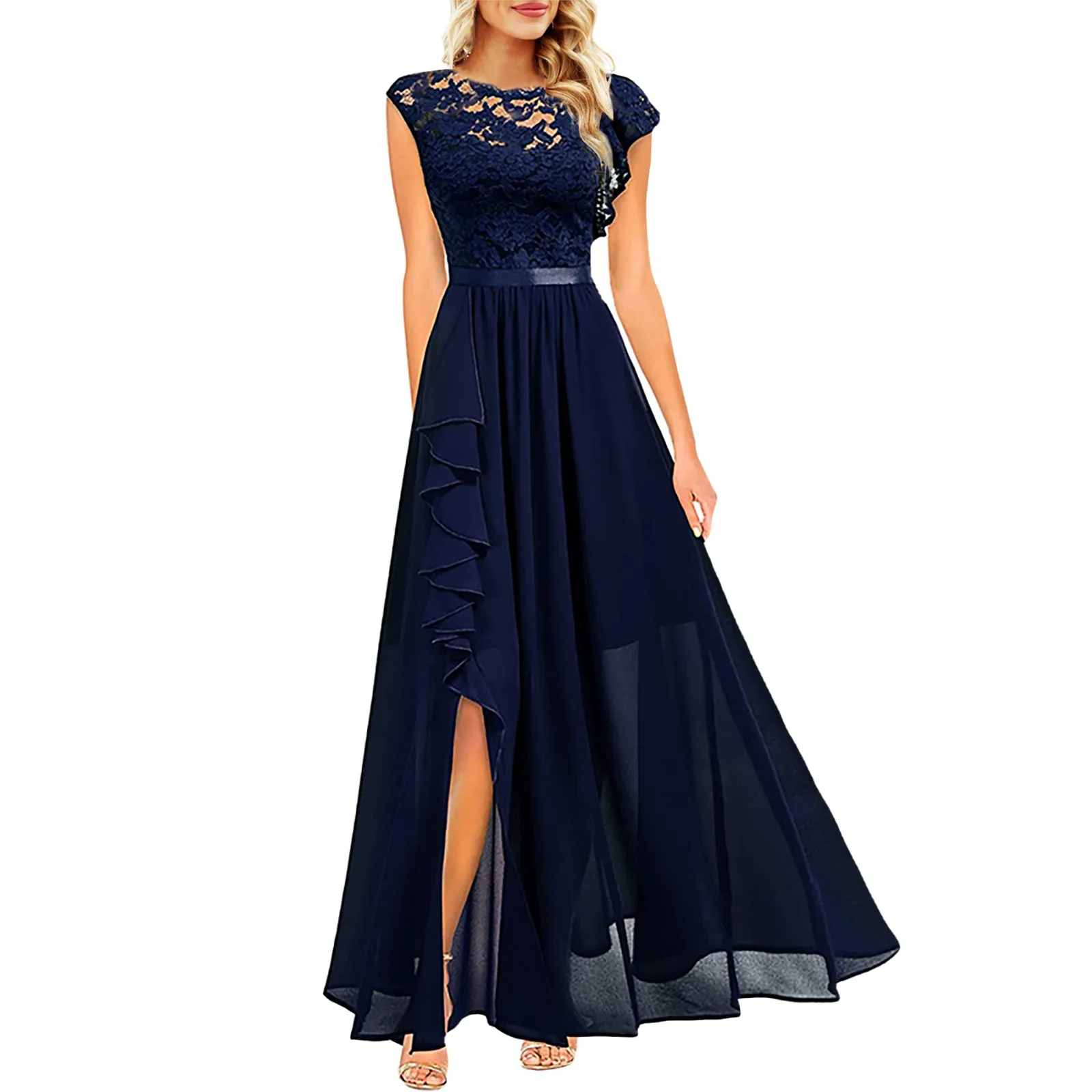 2024 Damen elegantes langes Maxi kleid hohe Taille Rundhals ausschnitt Party Hochzeit Mode Kleid Robe Vintage gespleißte Spitze Chiffon Kleid