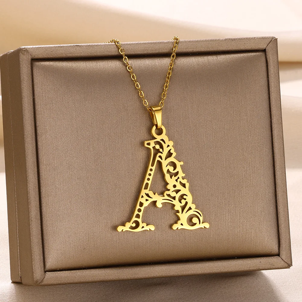 Gold Color Stainless Steel Hollow A-Z Letter Necklaces for Women Flower Initial M S C K Pendant Choker Necklace Alphabet Jewelry