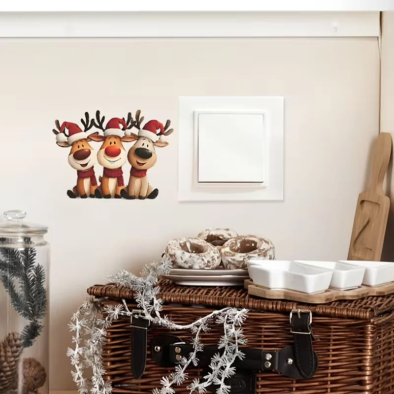 1 piece of reindeer row seat switch sticker with Christmas hat on, PVC self-adhesive, suitable for switch decoration sticker