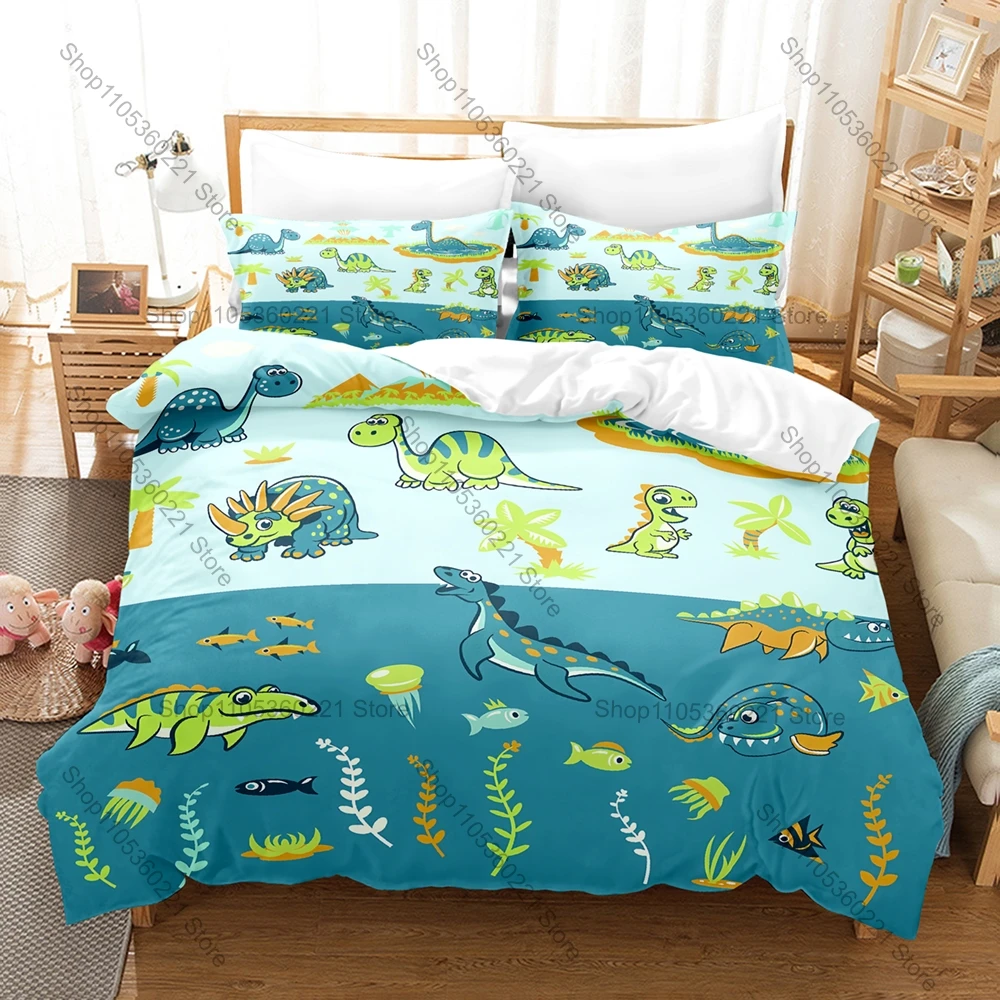 Conjunto de Cama de Três Peças Dinossauro Cartoon 2026: Edredom de Luxo com Tamanhos Queen e King, e Duas Fronhas de Anime para Cama Infantil