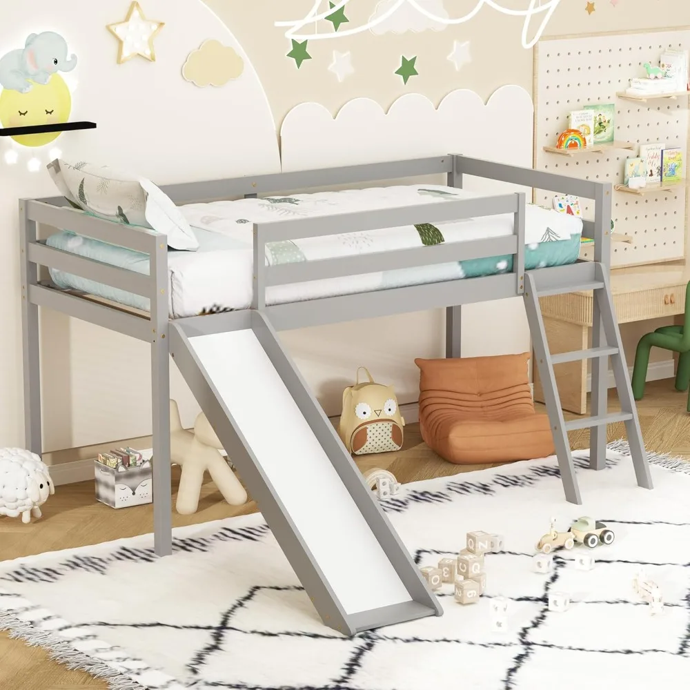 Xilingol Low Loft Bed with Slide, Wood Twin Bed Frame with Climbing Ladder for Toddler Kids