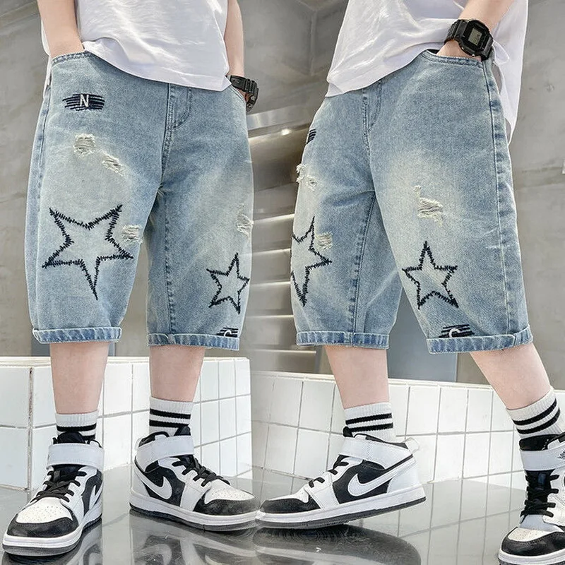 New Casual Boy Denim Shorts With Star 2025 Summer Cotton Kids Loose Style Sport Calf Pants Teenage Child Summer Shorts Capris