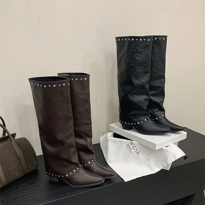 

Женские сапоги-ковбойки, модные женские элегантные длинные сапоги без шнуровки на квадратном каблуке, женская зимняя обувь в стиле ретро, модная обувь