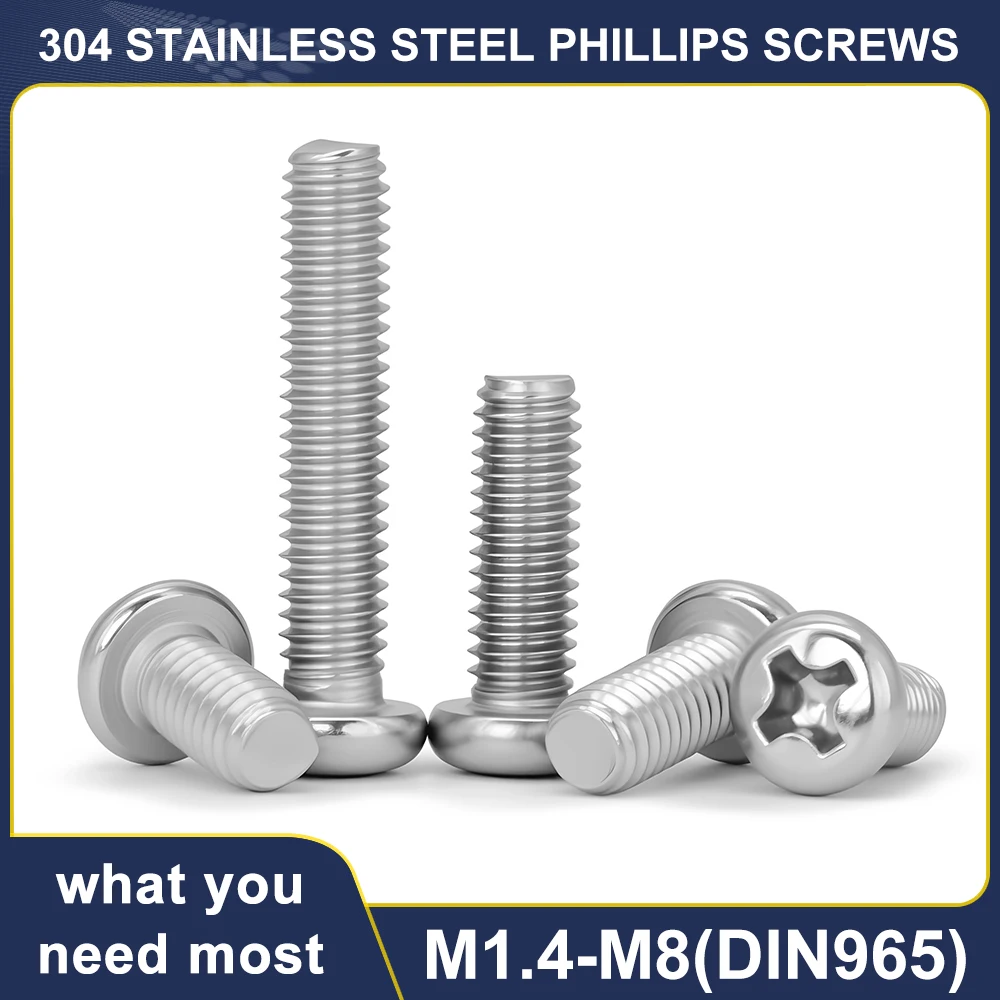 M1.4 M1.6 M2 M2.5 M3 M3.5 M4 M5 M6 M8 304 Stainless Steel Cross Recessed Pan Head Phillips Screw Metal Machine Bolt Metric Screw