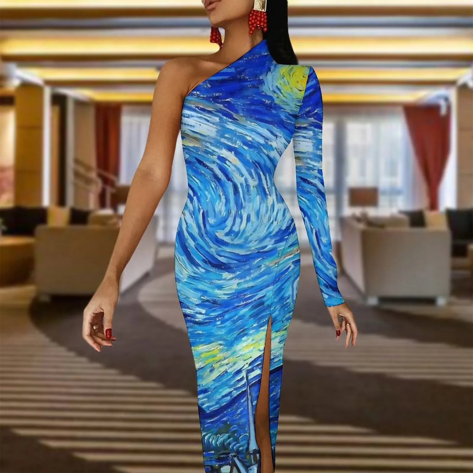 Van Gogh Bodycon Dress Spring Starry Night Print Elegant High Slit Long Dresses Long Sleeve Design Aesthetic Dress