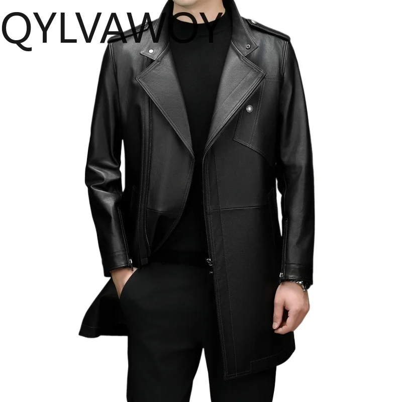 

QYLVAWOY Mens Leather Jacket Mid-length Real Cowhide Leather Coat Jacket Spring Autumn Leather Jackets for Man Chamarra Hombre