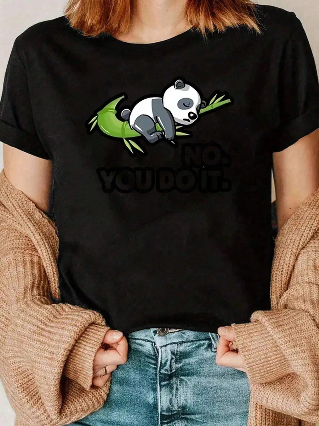 대나무 위에 자고 있는 판다 No You Do It 프린트 티셔츠 캐주얼웨어 여성용 220g