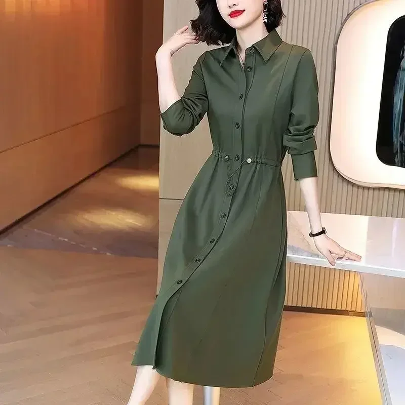 

Spring Autumn Polo-neck Elegant Fashion Buttons Shirt Dress Ladies Long Sleeve Drawstring Waist Vestidos Women Solid Casual Robe