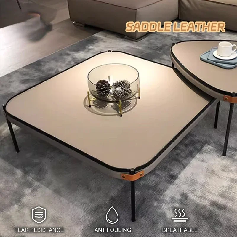 Italian minimalist coffee table small apartment living room light luxury edge table modern simple telescopic wrought iron leathe