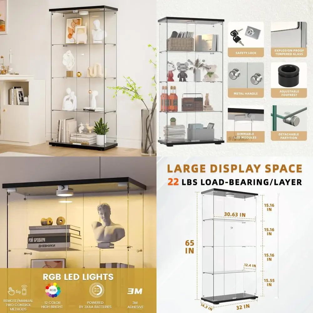 4-Shelf Lockable LED Illuminated Glass Display Cabinet with 2 Doors and Tempered Glass Shelves