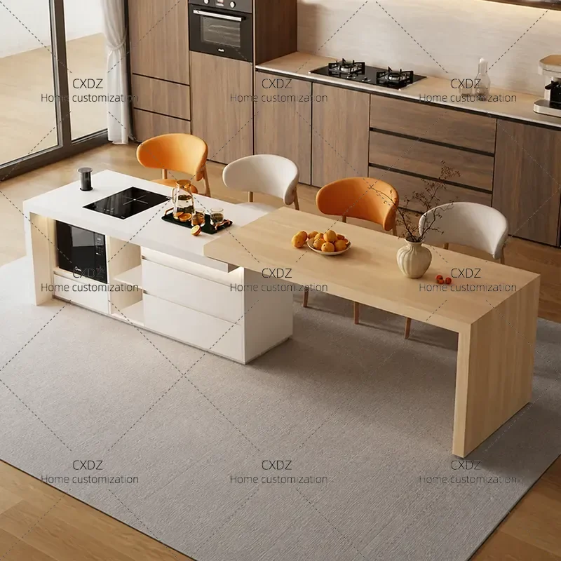 Flush Island Dining Table with Integrated Retractable Microwave Oven Kitchen Folding Down Table Cabinet Separate Middle Guide