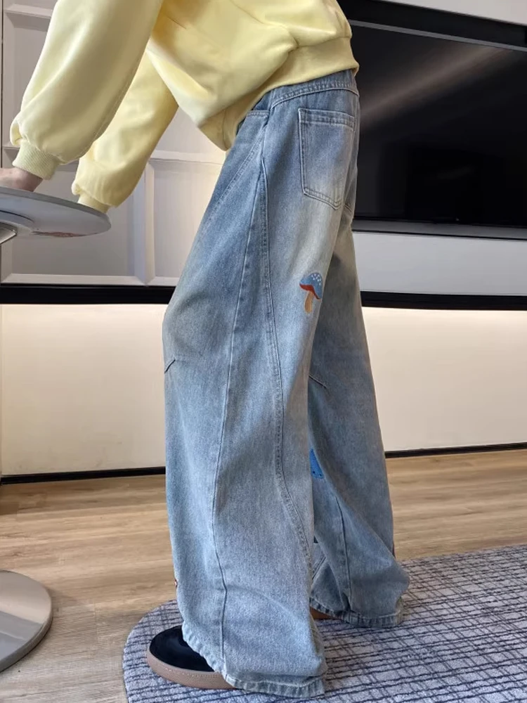 Męskie jeansy z nadrukiem w stylu casual, amerykańskie, modne na jesień, uniwersalne, do noszenia na co dzień, luźne spodnie z prostymi nogawkami.