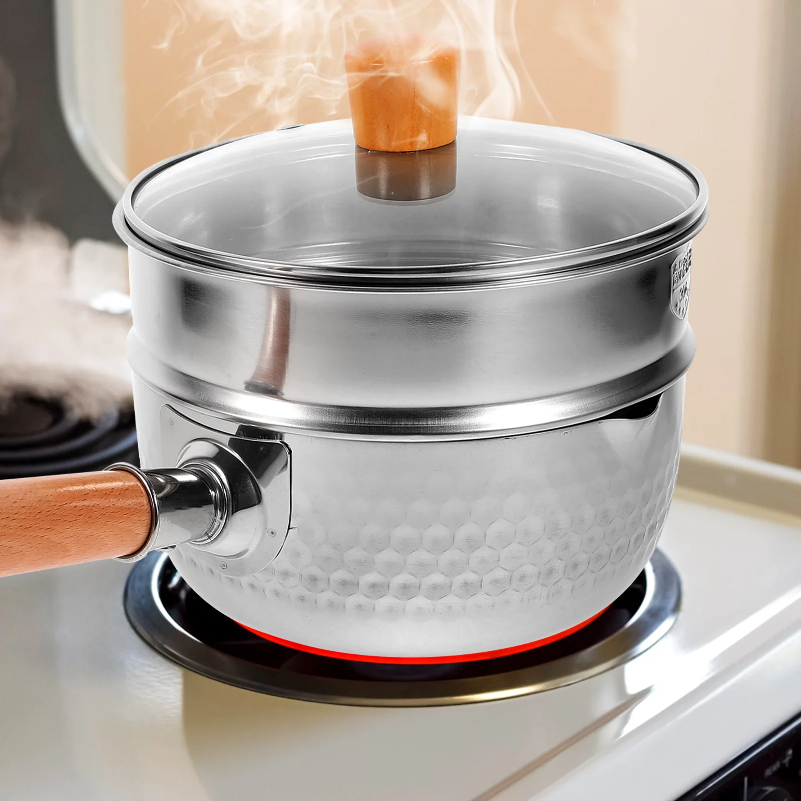 

Молочный горшок из нержавеющей стали с одной ручкой, двухслойный пароварка для супа и кофе 430, термостойкая стеклянная крышка, быстрое равномерное нагревание, мульти