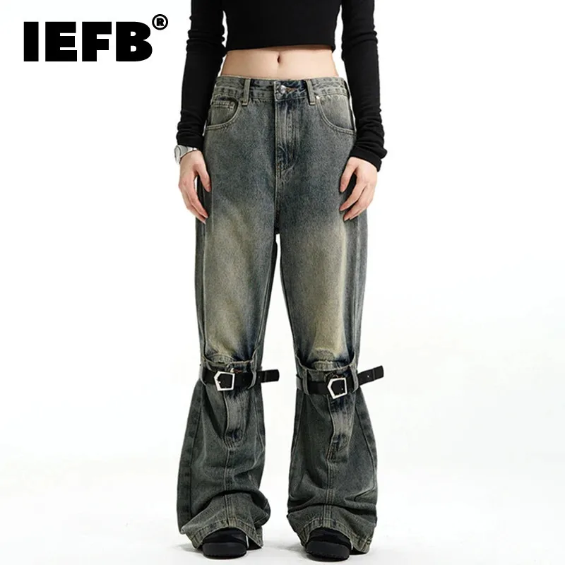 IEFB Niche Design Men's Cargo Denim Pants Straight Belt Patchwork Design Casual Bottom Wide Leg Boot Cut Male Jeans New 9C8879