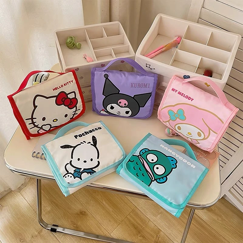 

Sanrio Hello Kitty Makeup Bags Cartoon Large Capacity Storage Bags Kawaii Portable Handheld Grid Bag Removable Bag Girl Gifts