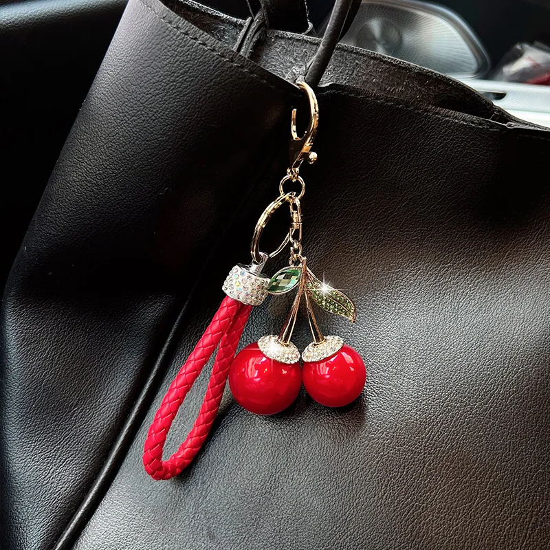 Creative Korean Style Leather Rope Resin Cherry Keychain Pendant Fruit Car Key Bag Hanging Accessory Elegant Versatile For Women
