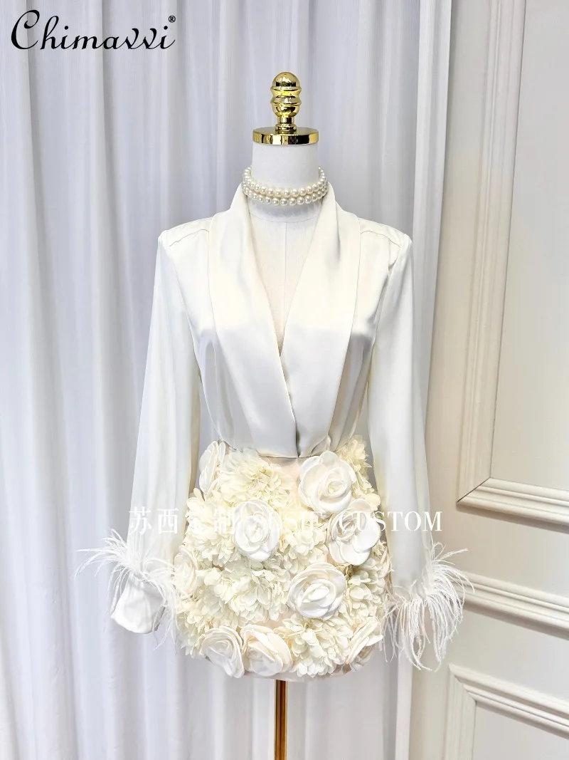 

High-end Fashion V-neck Padded Shoulder Lapel Feather Cuff Satin Blouse Sequined Furry Skirt Elegant Two-piece Set for Women