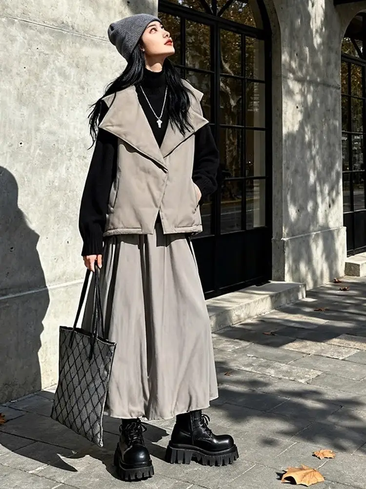 

Женский повседневный осенне-зимний комплект: теплый базовый топ с высоким воротником и юбка, модный дизайн, свободный крой, длинный рукав