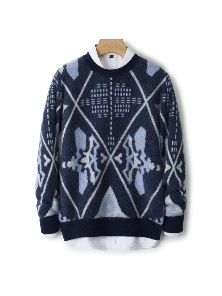 เสื้อสเวตเตอร์ไหมพรมขนแกะเมอริโนแท้ 100% สำหรับผู้ชาย รุ่นใหม่ ฤดูใบไม้ร่วง ฤดูหนาว คอทรงโอ หนานุ่ม สไตล์เรโทร ลายแจ็คการ์ด  ใส่สบาย อบอุ่น