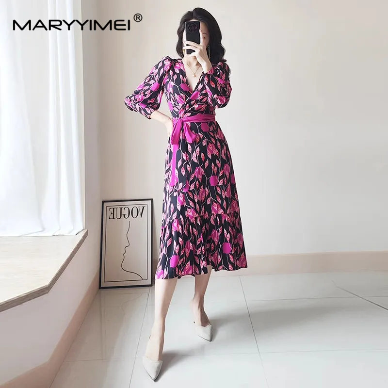 

MARYYIMEI New Fashion Designer Women's 2024 Spring New Rose Pink Small Lantern Printed V-Neck Long-Sleeved Lace-Up Wrap Dress