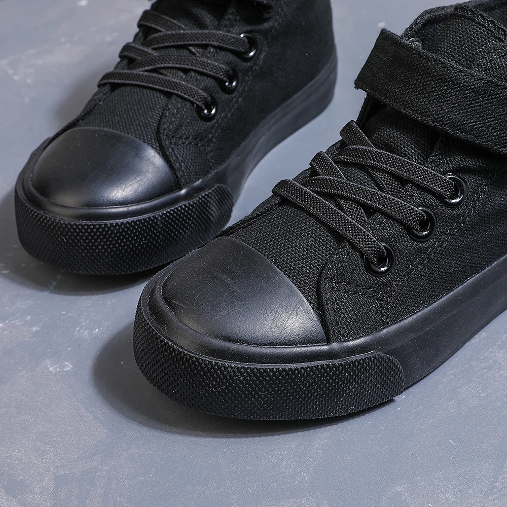COMFY KIDS Black High-Top Canvas Sneakers, Velcro Strap and Lace-up Shoes for Boys and Girls (Ages 3-12), Comfortable Sports Shoes for Outdoor Play and School