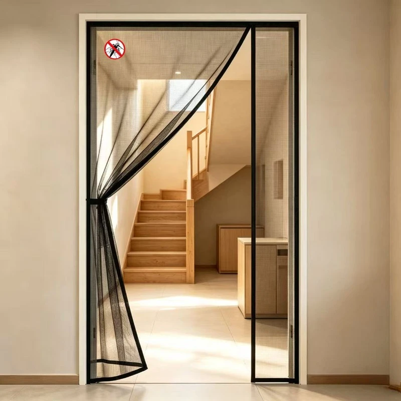 Black Magnetic Screen Door, Privacy Mesh Anti Mosquito Curtain, Self Sealing No Drill Hook&Loop for Home Entrance Bedroom Door
