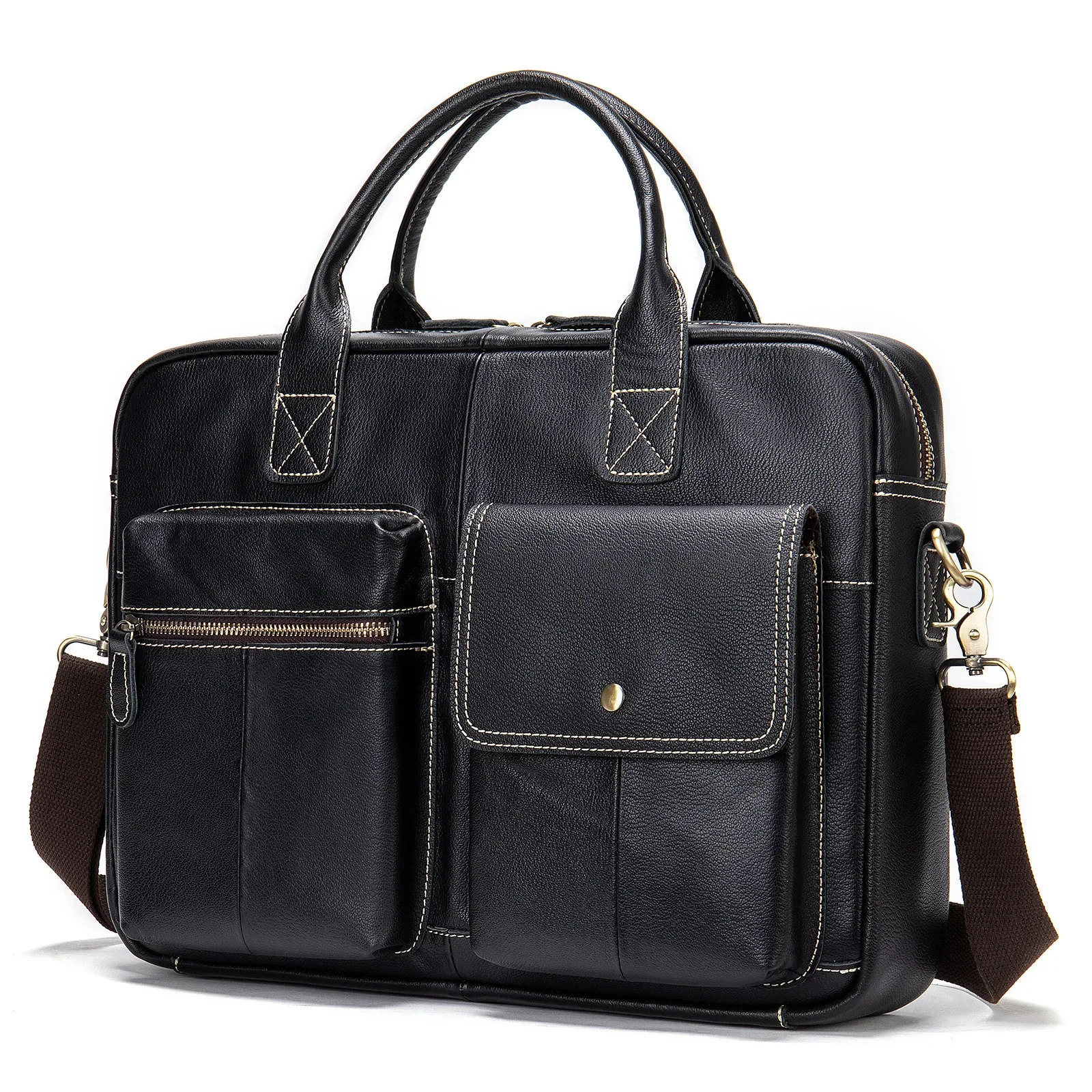 

Black Men Handbag Leather 14 15 Inch Laptop Bags Top Layer Shoulder Business Man Male Luxury Tote for man