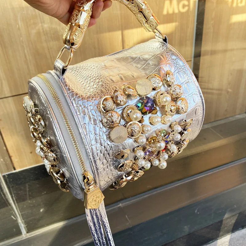 

luxury Designer Handbag for women purses and handbag Handmade Beaded Pillow Bag Casual silver bucket Messenger shoulder Bag