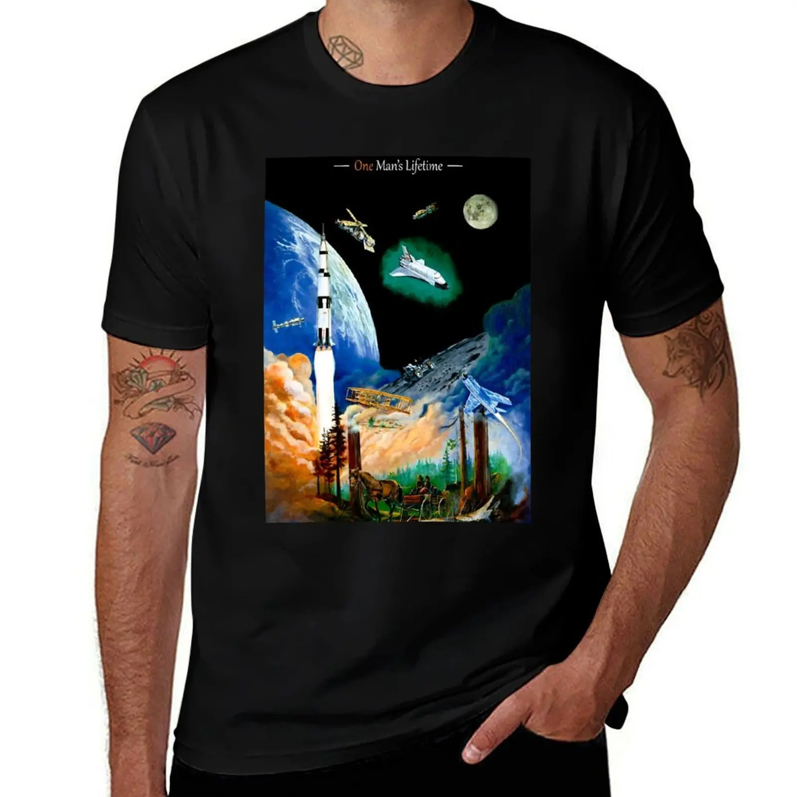 

One Man's Lifetime - Space Exploration Evolution T-Shirt graphic shirts Man t-shirt summer shirt black t shirts for men