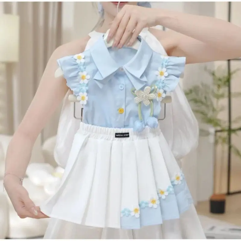 

Baby Girl Summer and Spring New Style Sleeveless Flower Shirt Fashion and Beautiful and Short Skirt Kids Two Piece Set