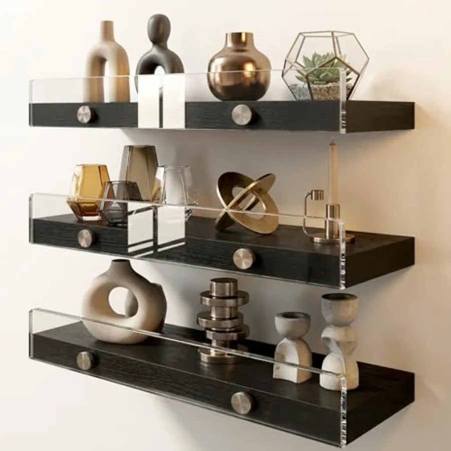 

3 Pack Wooden Floating Shelves for Wall with Acrylic Front Lip, 15.7 IN Wall Mounted Rustic Style Shelves for Bathroom, Bedroom