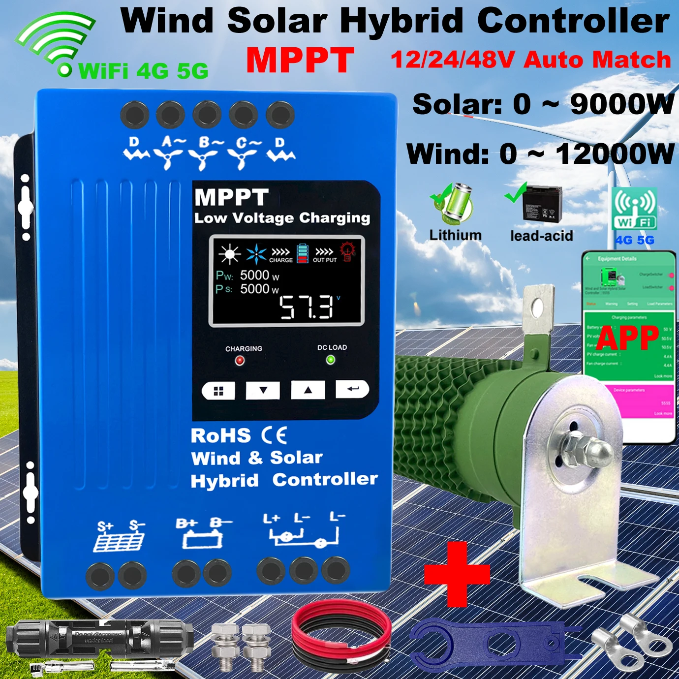 

12V 24V 48V MPPT 1200W 1500W 2000W 3000W 4000W Hybrid Wind Solar Charge Controller With Free Dump load wifi For All Battery