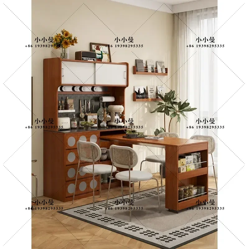 Folding Dining Table with Side Cabinet American Solid Wood Multi Functional Retractable Table for Small Apartment Living Room