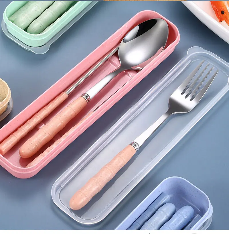 3-teiliges Set Edelstahl Tragbares Besteck Gabel Löffel Stäbchen Studenten-Besteckset mit Box Reise-Essbesteck – Detail 3